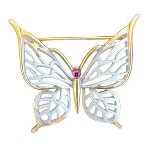 Crown Trifari Vintage Metal Butterfly Brooch With Red Gem White Gold Trim